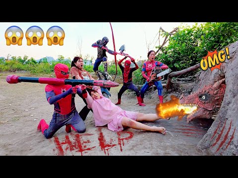 The brave Spider-Man squad uses heavy weapons to destroy ferocious fire dragon to save crazy girl