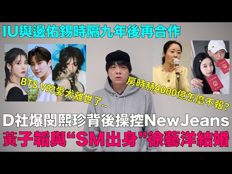 D社爆閔熙珍背後操控NewJeans？房時赫4000億？/黃子韜與“SM出身”徐藝洋結婚/IU與邊佑錫時隔九年後再合作/BTS V的愛犬離世了..｜DenQ