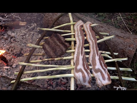 Cooking Meat on a Wooden Grill