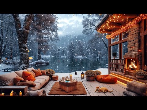 Lakeside Porch Ambience ☕ Winter Morning with Smooth Jazz Music & Fireplace Sounds to Relax, Study