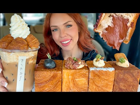 ASMR MUKBANG, Viral TikTok Dessert, Cube Croissant, Pistachio Cream Filling, Earl Grey Latte 먹방