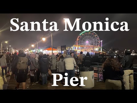 Walk Around Santa Monica Pier & Amusement Park on Winter Night Los Angeles California