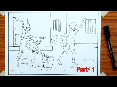 Holi scenery drawing easy | Holi special drawing step by step