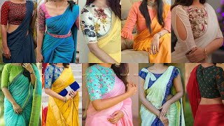 Printed saree styling ideas, Plain Saree With Printed Blouse,New Printed Saree Blouse Pattern design