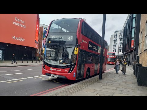 13093 (BL65 OYN) on route 47 departing Shoreditch for Catford Bus garage with a friendly driver