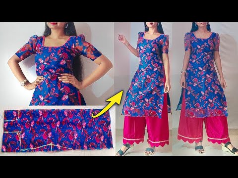 Organza kurti cutting stitching for beginners easily | puff sleeve kurti top cutting stitching