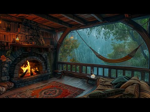 Airy Balcony Ambience with Fireplace and Heavy Rain 💧 Natural Sounds Help Sleep Well and Relax