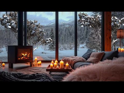 Cabin Jazz Haven ❄️ Snowstorm & Fireplace Sounds for Tranquil Winter Evenings