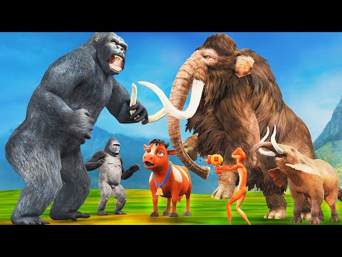 Woolly Mammoth Vs King Kong Save Giant Gorilla Steal Cow Milk from Mammoth Elephant Animal Fights