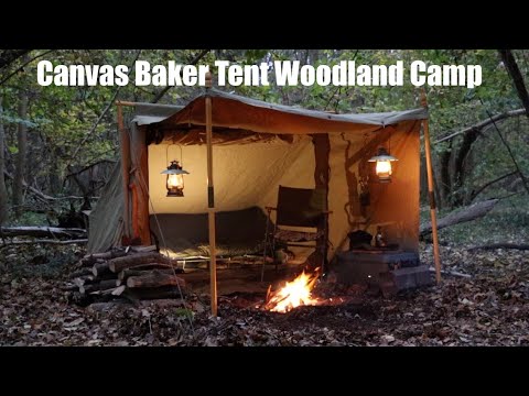 Woodland Solo Camp in a Canvas Baker Tent.  Campfire Lamb Kebabs.  Making Charcoal.