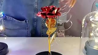 Red Foil Rose Artificial Flower LED Light In Glass Dome Valentine Gift for Girls