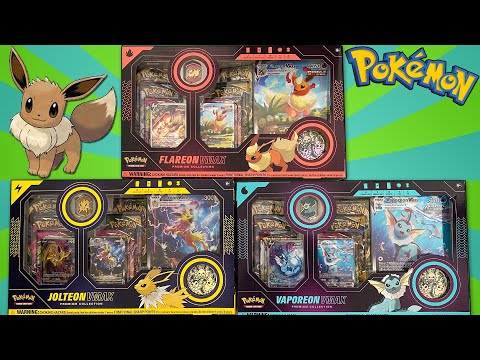 BEAUTIFUL PROMOS! Flareon, Jolteon, and Vaporeon VMAX Collection Boxes of Pokemon Cards!