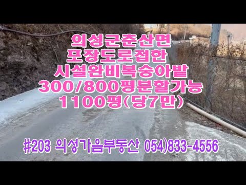 #203 의성가음부동산 계곡입구 개울옆 복숭아밭 1100평 7600만 (당7만) 300평 800평 분할가능 5m도로접 큰차진입 전기 수도가능 건축가능 귀농 주말농장용 #의성과수원