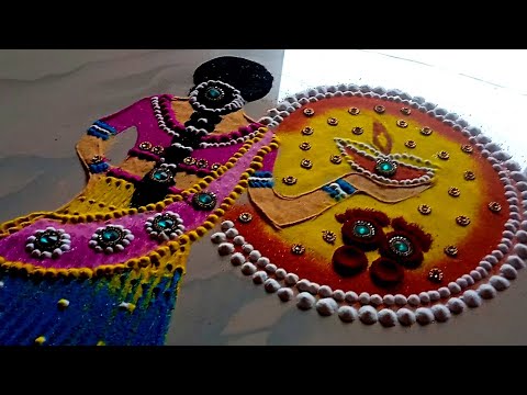 Beautiful rangoli designs for diwali girl with diya 🪔 lady rangoli design 🌟 diwali girl rangoli