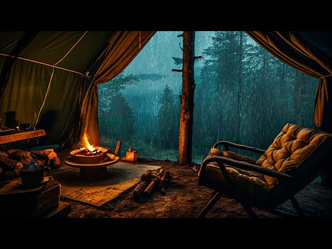 Camping In The Forest On Rainy Day😴Rain On Tent with Crackling Fire Sound ASMR - Sleep, Rest, Study