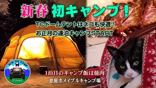 北海道冬キャンプ！ドームテントでお正月キャンプ！TOMOUNT TCドームテント DOME-EGGで猫と連泊キャンプ！1泊目