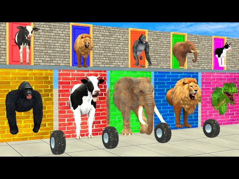 Cow Elephant Lion Gorilla Tiger T-Rex Guess The Right Door Mystery Wall Challenge Animals Tire Game