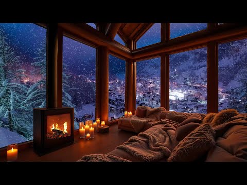 Soothing Winter Jazz ⛄ Snowfall, Cozy Cabin Ambience, and Fireplace Bliss