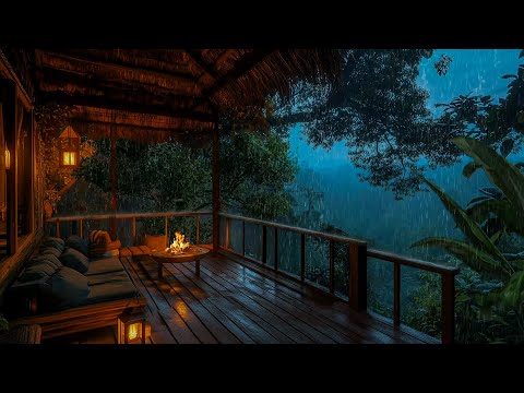 Rainy Tropical Forest | Heavy Rain & Thunder with Fireplace At Cozy Porch For Deep Sleep Ambience