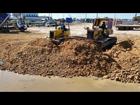 WONDERFUL! Skillful Dozer Working Rock Stone Komatsu D53P, D31P & Dump Truck Unloading