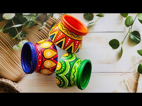 3 Easy Pot Decoration Ideas For Beginners | Traditional Pot Painting | DIY Design Pot Decoration