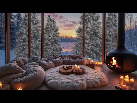 Relaxing Winter Cabin ❄️ Cozy Cabin Sounds with Snowstorm and Jazz for Calm Nights