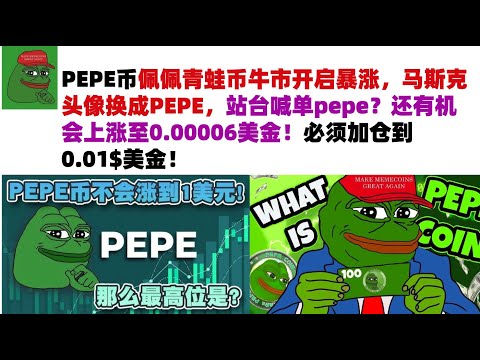 PEPE币佩佩青蛙币牛市开启暴涨，马斯克头像换成PEPE，站台喊单pepe？还有机会上涨至0.00006美金！必须加仓到0.01$美金！#PEPE币#meme币#佩佩币行情分析