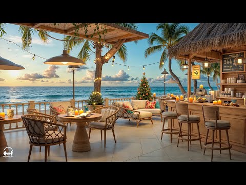 Happy Jazz Music at Seaside Coffee Shop Ambience 🎄 Christmas Bossa Nova & Crashing Waves for Relax