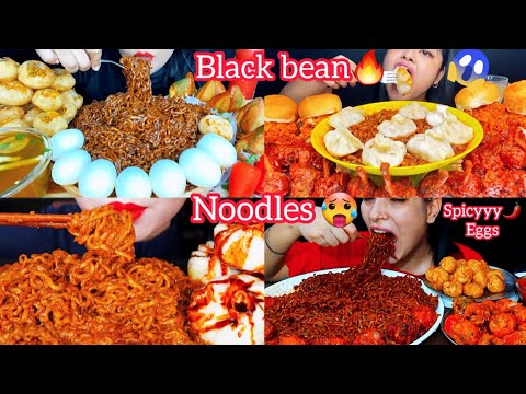 Asmr Eating Spicy Fire Black Bean Noodles🔥😱Chicken Lollipop🍗Boiled Eggs Momos & Burger| Viral Foods