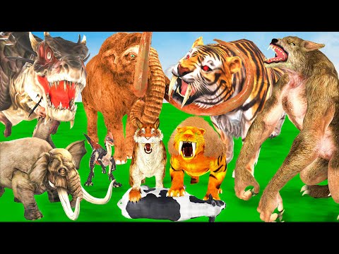 Woolly Mammoth Dinosaur Vs Giant Tiger Vs Wolf attack Cow Cartoon Saved By Mammoth Elephant T-Rex