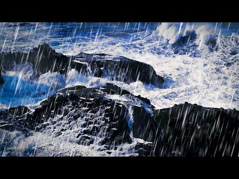 Thunderstorm & Large Crashing Waves | Waves + Thunder + Rain Sounds for Sleeping