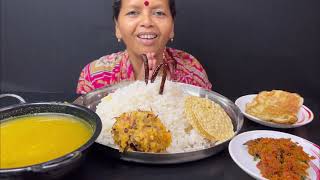 BIGBITES, COMFORTABLE LUNCH MENU,EATING RICE WITH TOK DAL,JHAL ALU SEDDHO,LOTE JHURI,OMLET।