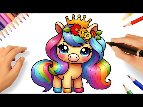 HOW TO DRAW A CUTE RAINBOW HORSE EASY 🐎