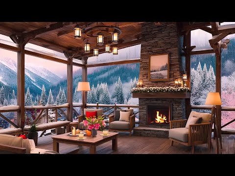 Cozy Winter Coffee Shop Ambience With Snow Falling 🔥Warm Jazz Music & Fireplace Sounds For Relaxing