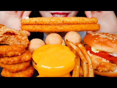 ASMR, Mukbang, Crispy Cheese Sticks, Nuggets, Chicken Burger, Fries Eating Vlog, @honeylipasmr