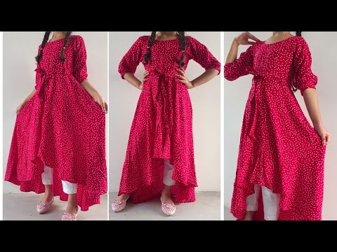 Stylish high low frock design//10 year girl frock cutting and stitching//readymade style dress