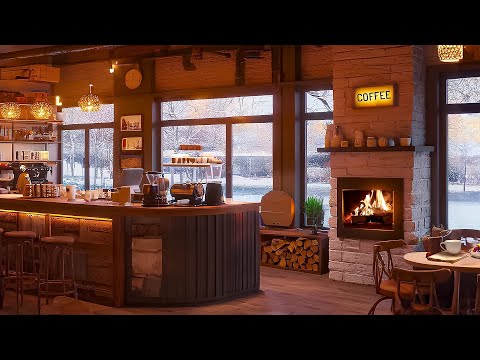 Cozy Coffee Shop Ambience & Crackling Fireplace | Smooth Jazz Music For Good Mood, Relief Stress