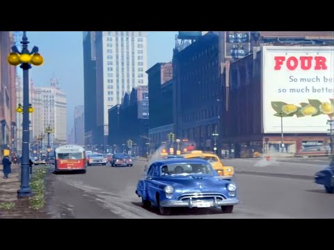 Chicago 1950s in color, Street Scene [60fps,Remastered] w/sound design added