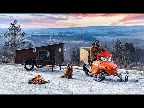 Camping on a Remote Mountain in a Tiny Snowmobile Camper | Minnesota