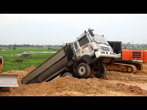 Wonderful Job Done! The Big Dump Truck Fail Diver Overturned Rescuing Skill By Dozer & Excavator