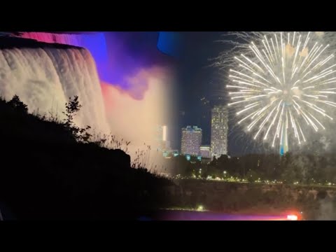 Amazing fire works in Niagara Falls Night Colorful Illumination