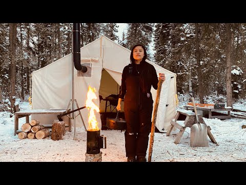 -20c HOT TENT WINTER CAMPING || CONSTRUCTING OFF-GRID BUSHCRAFT CAMP