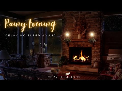 Rainy Evening near Cozy Fireplace - Relaxing Sound of Rain - Fireplace in Living Room