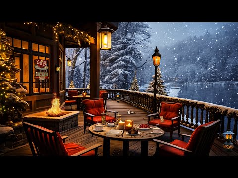 Cozy Winter Lakeside Porch Ambience ❄️☕ Snow Falling & Cozy Fireplace with Relaxing Piano Jazz Music