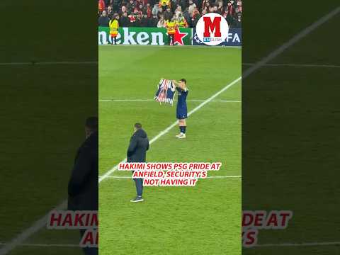 Achraf Hakimi marking his territory at Anfield... 🚨👀#PSG #Paris #Liverpool #Champions #Soccer #UCL