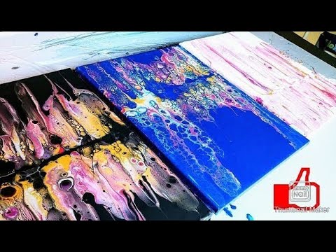 Acrylic pouring : "Ghost pour" acrylic swipe metallics triptychon with different background color