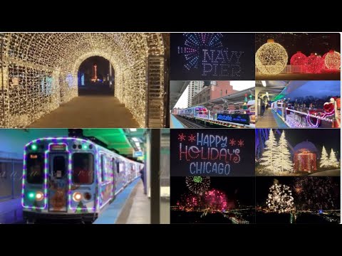 Christmas Holiday Lights at Chicago Holiday Train Navy Pier Light up the lake Fire works Drone Show