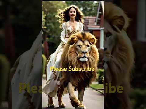 A beautiful woman riding on a lion in the neighborhood