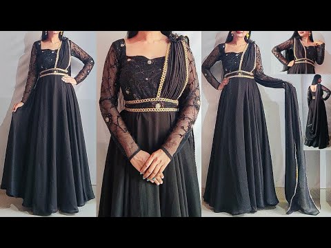 Saree style dress cutting stitching easily | long dress/frock/gown cutting stitching in kannada