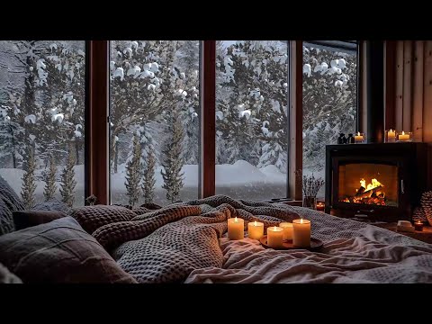 Gentle Snowfall & Jazz ⛄ Cozy Cabin Vibes with Soothing Fireplace Sounds